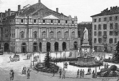 意大利米兰的斯卡拉剧院的景色。(Teatro alla Scala Milano) "图解世界 "中的雕刻 作者 未知艺术家