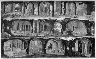 加利西亚维利奇卡盐矿的地下工程视图。 在 Louis Figuier 的“Les Wonders de l