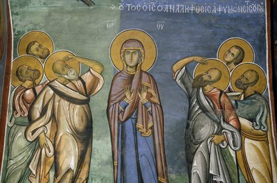 选民中的圣母，壁画（1192年），Panayia Tou Araka教堂（豌豆圣母教堂）（联合国教科文组织世界遗产名录，2001年），Lagoudhera，特罗多斯山脉，塞浦路斯 作者 未知艺术家