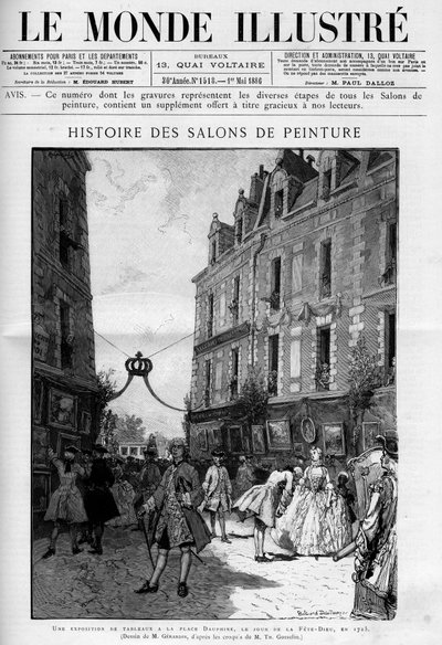 1725年fete dieu（节日）当天在巴黎Ile de la Cite的Dauphine广场参观画展。载于 "杰出的世界 "的版画 作者 未知艺术家