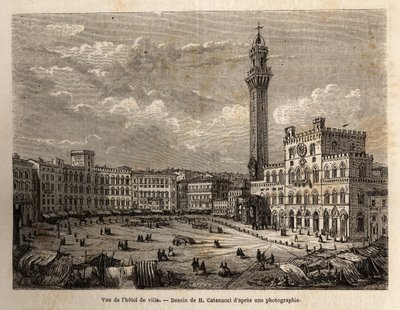 锡耶纳市政厅广场的景色，雕刻以说明 1865 年前往锡耶纳（意大利）的航行，在爱德华·查顿 (Edouard Charton) 指导下出版的“环游世界，新旅行杂志”中 作者 未知艺术家