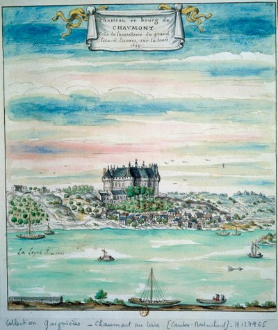 卢瓦尔河畔肖蒙城堡 (Chaumont sur Loire) 是法国中部卢瓦尔河畔卢瓦尔河 (Loir-et-Cher) 的一座城堡。 1699 年巴黎的匿名水彩画，B.N. 作者 未知艺术家