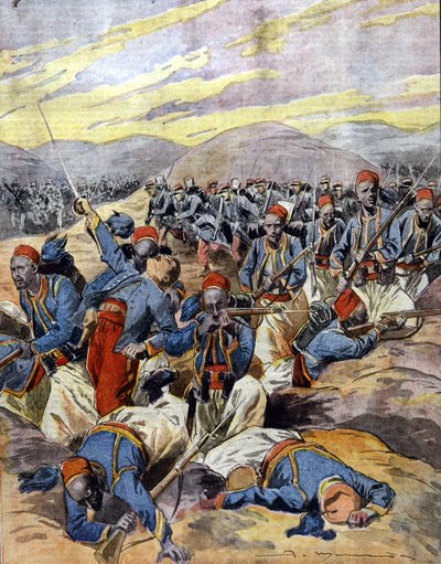 1914 - 1918 年战争：法国殖民军的非洲骑兵在法兰德斯的沙丘上。1914. 作者 未知艺术家