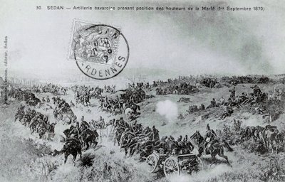 1870 年战争：巴伐利亚大炮于 1870 年 1 月 9 日从阿登的马尔夫高地占据阵地。 1870 年的雕刻 作者 未知艺术家