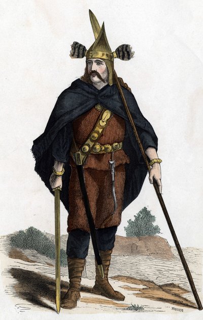 战士，青铜武器时期--见《Les Costumes civil et militaires des Français dans travers les siècles Paris F. Roy 1882》。 作者 未知艺术家