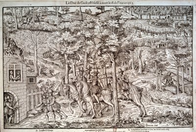 宗教战争 1562-1598 “” 1563 年 2 月 18 日刺杀了洛林的弗朗索瓦一世（1519-1563 年）第二任吉斯公爵。 作为天主教领袖，他被加尔文主义者让·德·波尔特罗·德·梅雷 (Jean de Poltrot de Mere) 或梅雷 (Merey) 杀害。 16 世纪的雕刻。 巴黎，B.N. 作者 未知艺术家