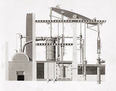 瓦特蒸汽机。 架构。 19 世纪雕刻 作者 未知艺术家