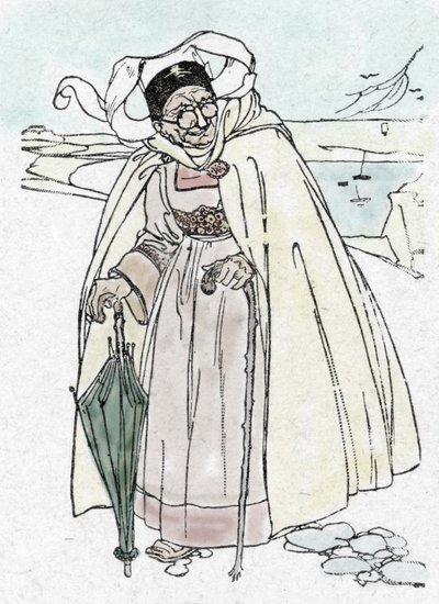 第一次世界大战：一名德国间谍伪装成小贩家的老妇人，拿着雨伞望远镜和拐杖拍照 作者 未知艺术家