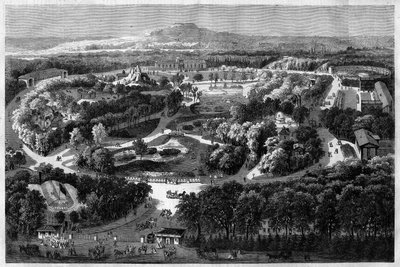 拿破仑三世于1860年提供并落成的布洛涅森林适应性花园全景，结合了自然、茂盛的植物和异国动物，在 "辉煌的世界"。 作者 未知艺术家