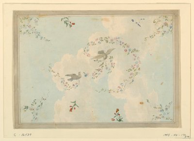 素描，带有鸽子和花环的天花板设计，可能用于入口大厅，1815-22 年 作者 未知艺术家
