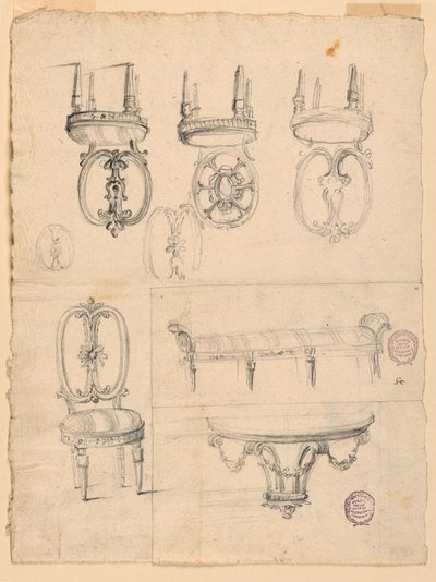 素描、椅子和建筑草图，1785-1795 年 作者 未知艺术家