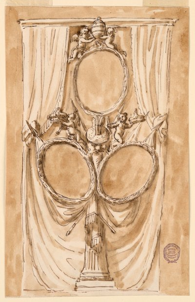 素描，教皇庇护六世和皇室夫妇肖像的装饰，约 1790 年 作者 未知艺术家