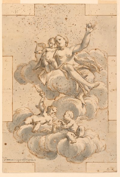 素描，天花板绘画设计，维纳斯、丘比特和普蒂，1700-29 年 作者 未知艺术家