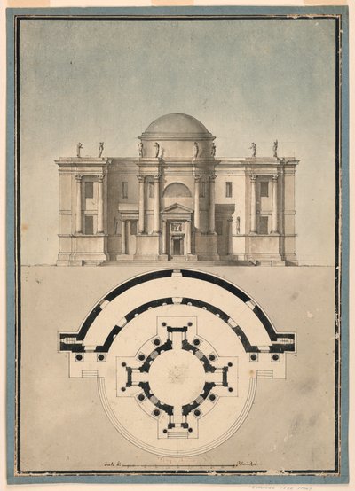 素描，带 Tempietto 和半圆形穹顶的古典神庙设计，约 1780 年 作者 未知艺术家