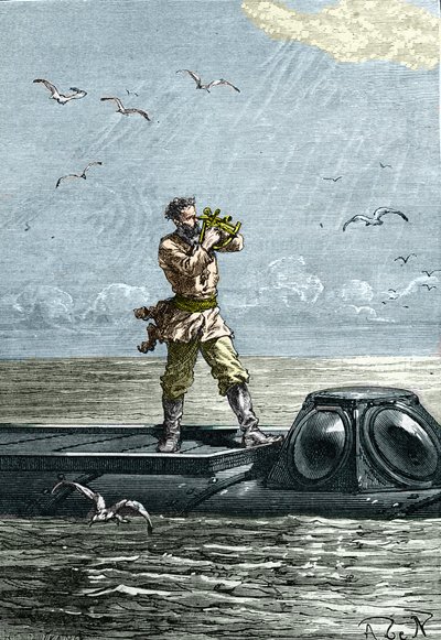 海底 20,000 个联赛。 “鹦鹉螺”号潜艇上的尼摩船长。 儒勒·凡尔纳 (Jules Verne) 小说《海底二万里格》中的插图 (二万 - 20,000 - 20000) 作者 未知艺术家