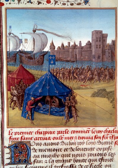 第 8 次十字军东征：圣路易斯 (Louis IX) (1214 / 1215-1270) 在突尼斯死于瘟疫。 缩影取自“”圣路易斯主教的事实之书”“15 世纪巴黎，B.N. 作者 未知艺术家