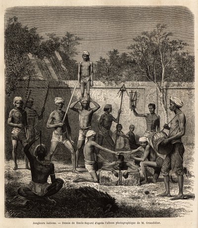一群印度杂耍者。为说明阿尔弗雷德-格兰迪耶1862-1864年在印度经线省份的航行而绘制的版画，发表在《世界之旅》上，由D