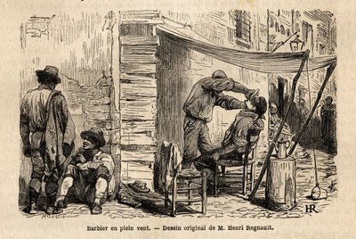 罗马街头风中的理发师。弗朗西斯-韦在1864-1868年为罗马之行绘制的插图，发表在 "Le tour du monde, nouveau journal des voyages "上，由Edouard Charton指导。 作者 未知艺术家