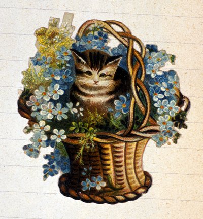 花篮里的猫。 19 世纪的彩色平版印刷术。 作者 未知艺术家