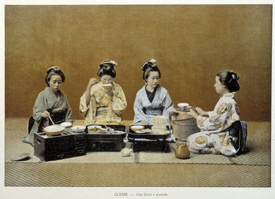 日本的一间餐厅：女性用筷子吃米饭，其中一人端茶 - 日期不详。 19世纪末 作者 未知艺术家