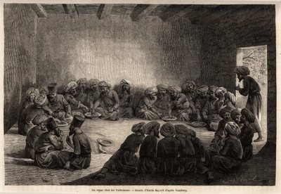 A meal at the Turkomans (Iraq). Drawing by Emile Bayard (1837-1891), to illustrate the journey to Central Asia, in 1863, by Arminius Vambery (Hungarian scientist disguise in dervish). Engraving in “” Le tour du monde””, edited by Edouard Charton 作者 未知艺术家