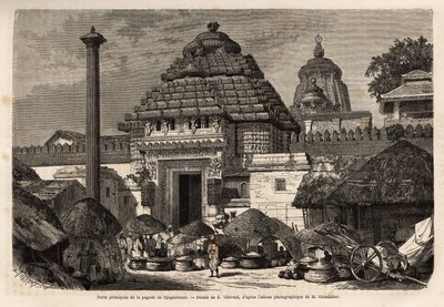 孟加拉南部的圣城和朝圣地Djaghernaut Pagoda（建于1200年左右）的正门前的流行步行。阿尔弗雷德-格兰迪耶1862-1864年为说明在印度子午线省份的航行而绘制的版画。 作者 未知艺术家