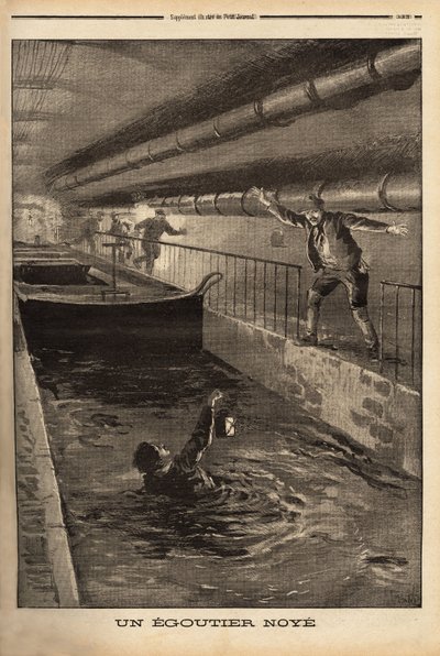 一个来自巴黎的 segutter 因清理一个尖牙的派生而被淹死。 雕刻在“”Le petit journal”” 15/9/1899。 塞尔瓦收藏。 作者 未知艺术家