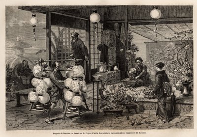 一名彩灯旅行推销员经过江户（或江户，今东京）的一家花店，在那里，一名妇女创造了一个大型花卉的构图，而盆景的大小则是一种相当男性化的艺术。为日本作插图的雕版画，艾梅-胡姆的旅行故事 作者 未知艺术家
