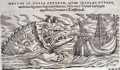 鲸鱼与岛屿混淆。 两个人在一个海洋怪物的背上生火。 Conrad Gesner (1516-1565)，提古里雕刻 n Historia Animalium 作者 未知艺术家
