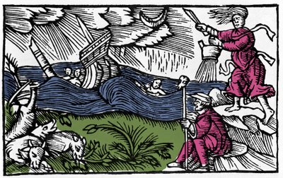 一个女巫造成了一个临时性事件，根据Olaus Magnus的 "Historia de gentis septentrionalibus"，罗马1555年。 作者 未知艺术家