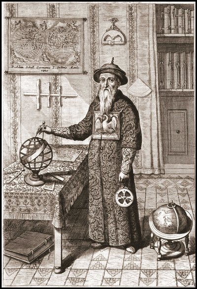 Adam Schall，天文学家（1592-1666）身着华服，手持地球仪和天球仪以及星盘——在“中国”作者 Athanase Kircher（或 Athanasius Kircheri） 作者 未知艺术家
