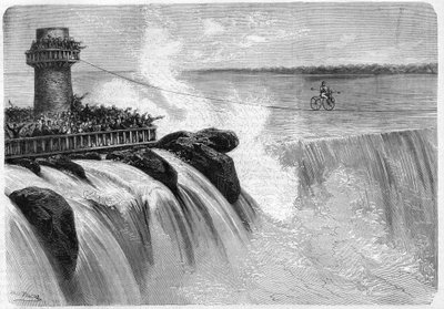 1869年，美国人詹金斯骑着Velocipede穿越尼亚加拉瀑布。 作者 未知艺术家