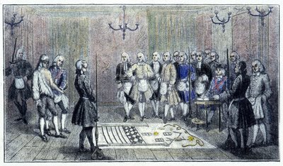 巴黎的一个学徒小屋，大约 1740 年：这个场景描绘了一个“学徒”共济会的接待（地板上的学徒小屋的画） - 根据时间的雕刻。 作者 未知艺术家