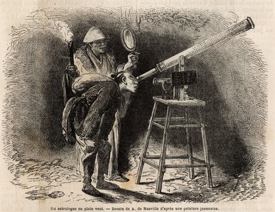 占星家使用他的望远镜在露天搜索天空。 雕刻说明 1863 年至 1864 年前往日本的航行，由瑞士联邦部长艾梅·亨伯特 (Aime Humbert) 在“Le tour du monde, nouveau journal des voyages”中出版 作者 未知艺术家