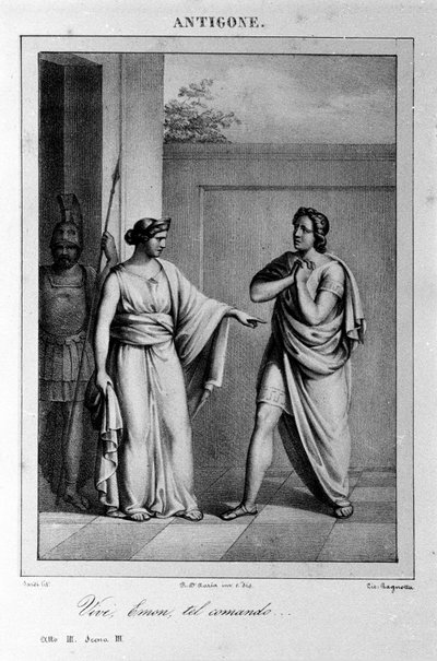 安提戈涅第一幕，第 3 场。意大利悲剧，由维托里奥·阿尔菲里 (Vittorio Alfieri) 于 1783 年根据希腊神话写成。 18 世纪的雕刻。 作者 未知艺术家