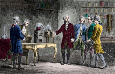 Antoine Laurent Lavoisier (1743-1894) 执行 1776 年空气分解 - Antoine Laurent Lavoisier 英国化学家，向其他科学家展示他在 1776 年揭示空气成分的实验 - 来自 Louis Figuier 的雕刻 作者 未知艺术家