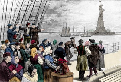 Arriving families of emigrants in the port of New York, the statue of freedom is visible. Engraving from “” Harper