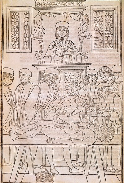 尸检。 代码。 一名死者的尸体被医生解剖以进行解剖学研究。 “”Fascicula Medicinae”。Johannes Kethan 医生分册的手抄本 作者 未知艺术家