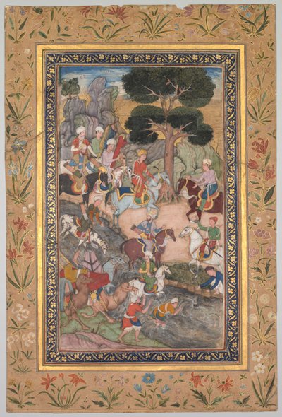 巴布尔在科希克河会见阿里-米尔扎苏丹，摘自 Babur-nama（《巴布尔回忆录》）。 作者 未知艺术家