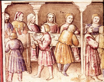 来自法典 212（或帕多瓦诺抄本或帕多瓦圣经）1390-1400 年 Rovigo，Accademia dei Concordi 的帕多瓦微型豪宅中的宴会场景 作者 未知艺术家