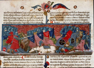Battle scene, armor warriors clashing each other Detail of a manuscript page “The Facts of the Romans”” (Ms. 1538) circa 1340 Florence, Biblioteca Riccardiana 作者 未知艺术家