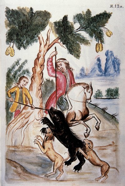 猎熊，摘自特鲁希略主教巴尔塔萨-马丁内斯-孔帕尼翁（Baltazar Martinez Compañón y Bujanda）的《秘鲁特鲁希略》或《Códice Martinez Compañón》一书（1782-1785）。 作者 未知艺术家