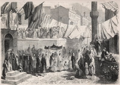 君士坦丁堡街道上的天主教徒在Fete Dieu(Fete-Dieu)之际的游行 - "插图世界 "中的版画 作者 未知艺术家