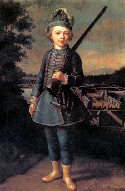 夏尔-约瑟夫-德-里涅（Charles-Joseph de Ligne），约 10 岁，身着奇幻制服，在贝洛耶尔城堡前 作者 Unknown artist