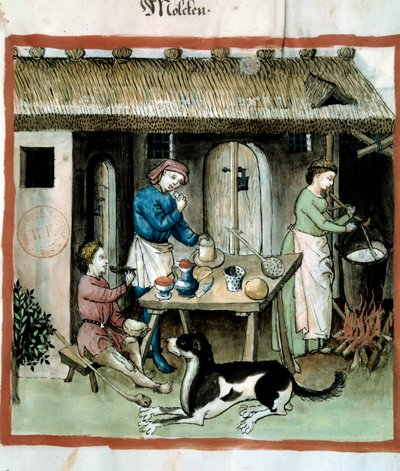 奶酪制作。 来自药物和营养学“Tacuinum sanitatis”的挤奶照明 作者 未知艺术家