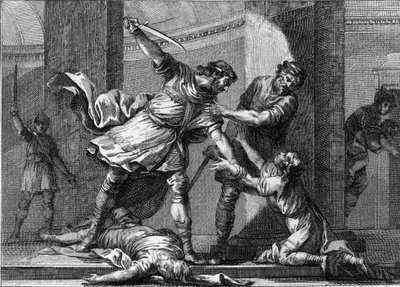 法兰克国王克洛泰尔（Clotaire）一世（v.497-561）和柴尔德贝特一世谋杀了他们兄弟克洛多米尔（495-524）的两个儿子。18世纪的雕版画。 作者 未知艺术家