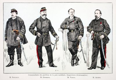 Commanders of the mobilized peacekeepers (divisional inspectors), from left to right: Mr.Foucault, Mr.Giobergia, Mr.Vassal, Mr.Archer. Eau forte en couleurs, pour illustration “” Histoire du corps des gardiens de la paix””” book published under the auspice 作者 未知艺术家