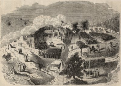 Conquete de Algerie：1857年远征大卡比利亚，在Souk-el-Arba（Souk el Arba）为拿破仑堡垒铺设第一块石头。1857年 "Le Monde illustrious "中的版画。私人收藏。 作者 未知艺术家