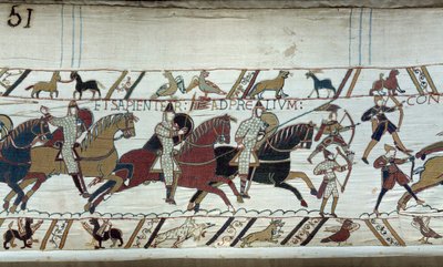 1066年诺曼底公爵威廉-征服者（1027-1087）对英格兰的征服：黑斯廷斯战役的开始 贝叶挂毯或玛蒂尔德女王刺绣的细节 作者 未知艺术家