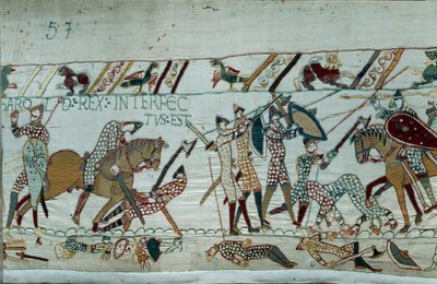 诺曼底公爵征服者威廉 (1027-1087) 于 1066 年征服英格兰：哈罗德二世国王在黑斯廷斯战役中被箭射中死亡 贝叶挂毯细节或玛蒂尔德王后的刺绣 作者 未知艺术家